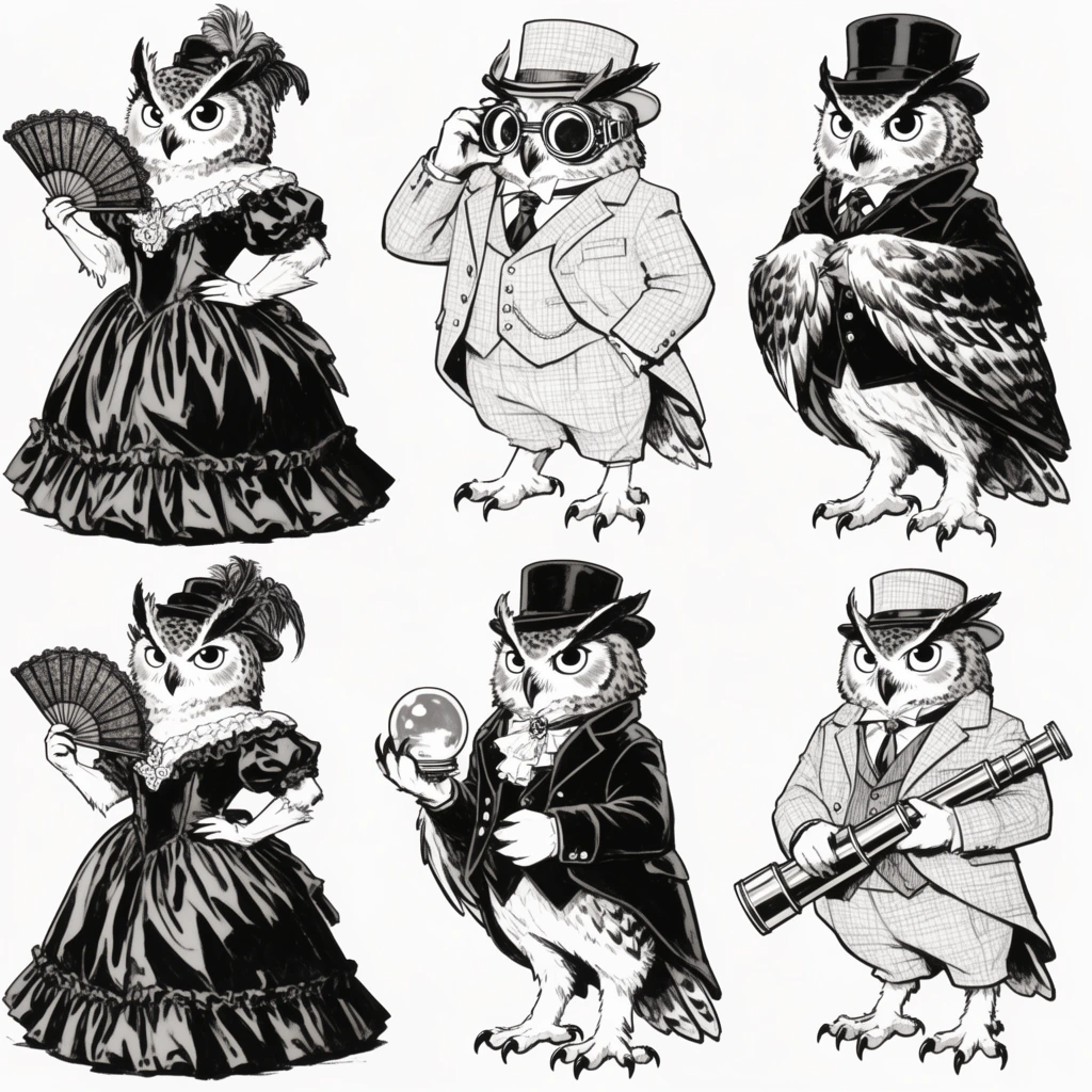 Six anthropomorphic owl characters in a two-by-three grid, rendered in high-contrast black and white ink with bold outlines and cross-hatching. Wearing Victorian steampunk attire, the top row features an owl in a ruffled gown with a fan, one in a pale tweed suit adjusting goggles, and another in a dark velvet tailcoat clasping its wings. The bottom row shows the gowned owl posing, the velvet owl holding a glass orb, and the tweed owl clutching a brass telescope against a stark white background.