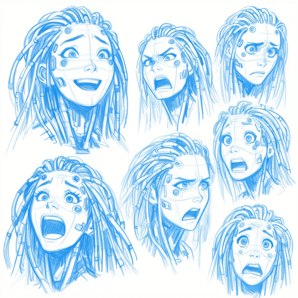 Blue pencil character expression sheet of a female cyborg with cable hair and optical implants. Multiple rough sketch headshots display diverse emotions like joy, anger, and shock, featuring visible facial construction lines against a plain white background.