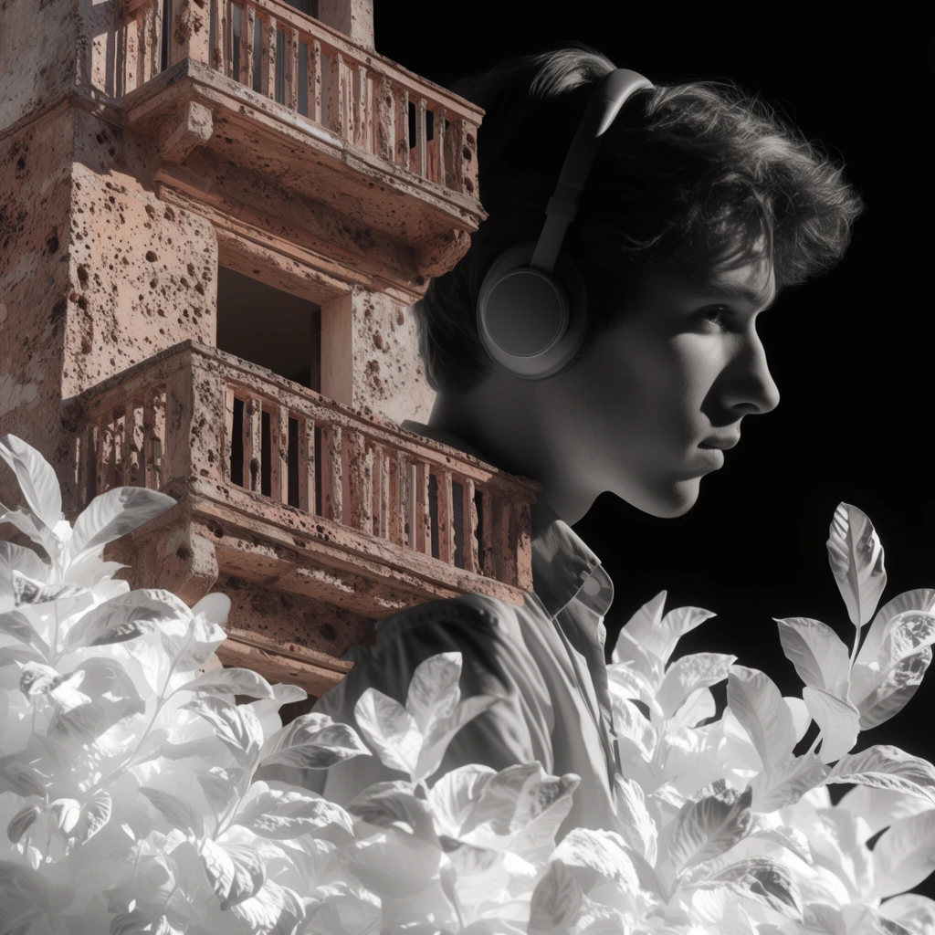 A hyper-realistic, high-contrast collage composite of a young man in profile facing right, wearing headphones and a collared shirt, set against a stark, pitch-black background. A building structure featuring detailed balconies physically overlaps his neck and shoulder, rendered with a rough, weathered, porous terracotta stone texture heavily pitted with deep, tactile crevices. Multiple overlapping leaves obscure his lower torso, glowing with an intense, voluminous, brilliant white finish that highlights dense, almost sculptural surface details. Strong, highly directional lighting strikes the subjects, casting razor-sharp, opaque black shadows and producing extreme, luminous highlights across the crisp edges. The visual execution features pristine CGI-level rendering quality, emphasizing rigid geometric boundaries, distinct layered planes of depth, and a dramatic juxtaposition of desaturated, earthy architectural textures against monumental, starkly monochromatic elements.