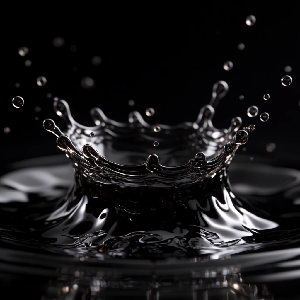 A high-speed macro capture of a glossy black liquid splash forming a dynamic crown against a pure black background. Airborne droplets radiate from a rippled central impact zone. Bright specular highlights emphasize the highly reflective viscous fluid, while a shallow depth of field blurs the peripheral droplets to isolate the intricate central fluid architecture.