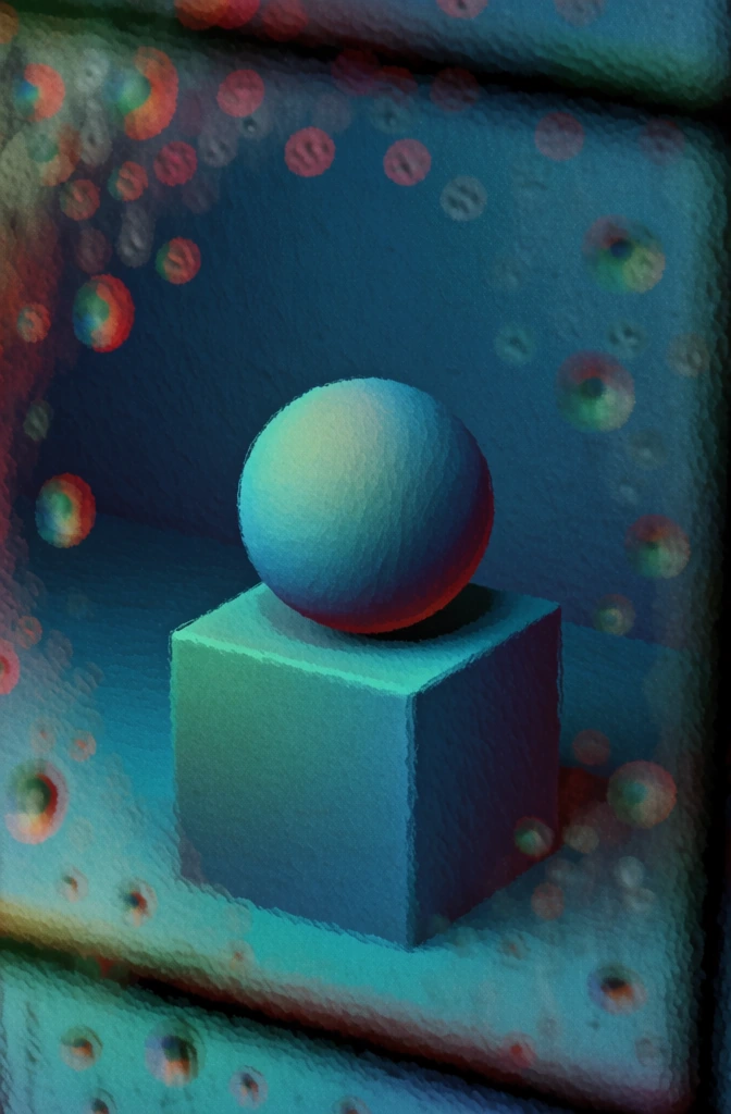 painterly digital illustration, heavy tactile texture and film grain, impressionistic aesthetic, a single smooth sphere resting on a central cube pedestal, minimalist empty background, viewed through rain-streaked glass, moody atmosphere, deep teal and cyan color palette, soft glowing bokeh orbs in red and green, diffused lighting, cinematic composition, nostalgic melancholic mood, ethereal digital painting style, dark window-like frame.