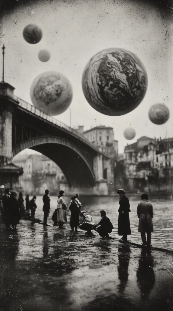 A vintage, surrealist black-and-white photograph depicting people gathered along a wet riverbank near a massive bridge, with large, marbled spheres floating in the sky above them. Several individuals stand and crouch along the highly reflective edge of the water, framed by the heavy architectural span of the stone bridge arching overhead. Looming in the overcast sky, multiple oversized, heavily textured, spherical orbs hover suspended in mid-air over the water and infrastructure. Along the distant banks, aged city buildings recede into a hazy, softly blurred background. The visual aesthetic is heavily textured with pronounced film grain, physical emulsion scratches, dust specks, and slight corner vignetting, characteristic of an early-20th-century silver gelatin print. A high-contrast monochrome palette shapes the scene with deep, inky shadows and gleaming silvery highlights reflecting off the wet ground. A shallow depth of field keeps the immediate foreground sharply defined while rendering the distant architecture, bridge structures, and hovering spheres in a soft, atmospheric blur under diffused, flat lighting.