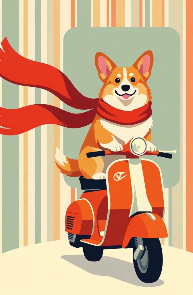 A cheerful corgi rides a vintage scooter like a stylish little adventurer, its red scarf streaming dramatically behind it against a striped retro background. Digital illustration, flat vector poster art, mid-century modern, retro travel-ad aesthetic, whimsical animal portrait, clean contour lines, simplified forms, subtle engraved-style hatching, polished graphic design, playful, cozy, nostalgic, dynamic yet tidy, medium visual complexity, visually adjacent to Charley Harper, Mary Blair, vintage Vespa posters, Japanese retro print design, palette of muted sage green, cream, beige, burnt orange, brick red, coral, charcoal blue-gray, soft teal, even matte lighting, low contrast, no photographic depth of field, no camera settings applicable, no visible noise, no lens distortion, no motion blur except implied scarf movement, crisp edges, posterized shading.
The corgi is centered slightly right of the image, shown from the chest up and seated upright on the scooter, facing toward the viewer’s left while looking outward with a calm, pleased expression. Its fur is cream and orange with a dark charcoal patch along its left side, large upright ears with pale interiors, glossy dark eyes, and a small black nose. A long deep-red scarf is wrapped around its neck and whips far to the left side of the picture, filling much of the upper-left quadrant with two broad ribbon-like tails and frayed ends. The dog’s front paws rest on the scooter’s handlebars: the left paw near the center above the body panel, the right paw near the right handle grip. The scooter occupies the lower two-thirds of the image and is angled slightly toward the viewer. It is bright orange with a large cream front shield in the middle foreground, outlined by thin gray trim. A round headlight sits just above the shield, slightly right of center, with slim metal handlebars extending left and right. Below, the orange front fender curves over the large front wheel at bottom right, while the rear body and smaller visible rear wheel sit at bottom left. The seat is dark blue-gray behind the dog. The background is entirely decorative: vertical stripes of varying width run from top to bottom in cream, beige, sage, teal, and orange, with a large muted sage rectangle behind the dog’s head and torso, helping it stand out. A pale green-gray shadowed ground curves along the bottom edge beneath the scooter.