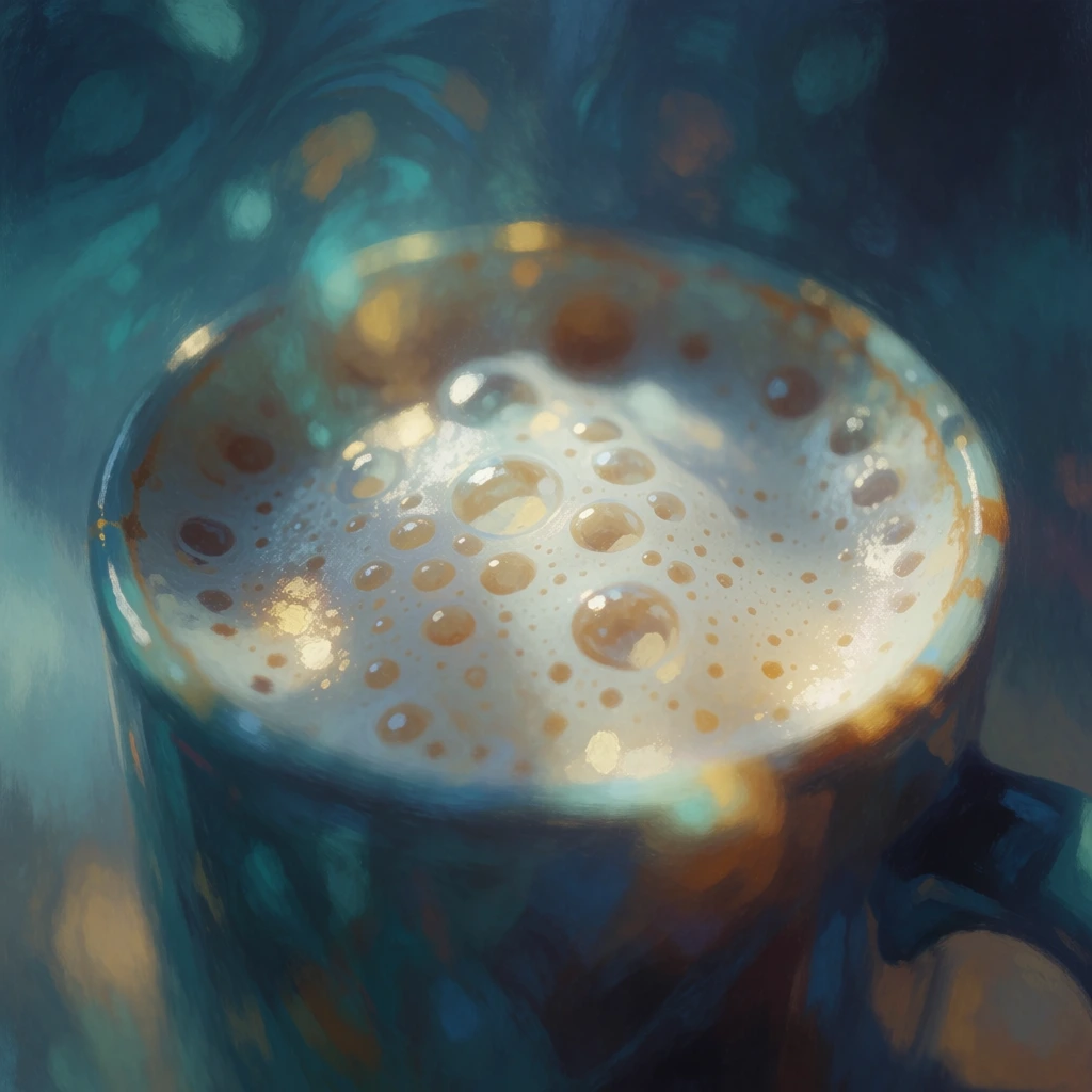 painterly, ethereal caffeinated drink in a mug, thick frothy foam with bubbles of varying sizes, atmospheric deep teal and muted blue color palette, dappled golden light shimmering on the surface, soft focus with blurred edges, hazy depth and mysterious shadows, artistic brushstrokes mimicking fluid movement, impasto textures on highlights, cinematic underwater lighting aesthetic, dreamlike and fluid composition, moody and expressive tone