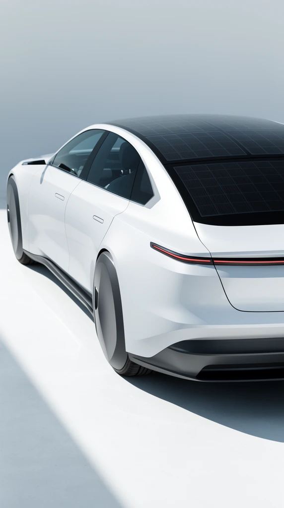 rear three-quarter view of a futuristic white aerodynamic sedan, black solar panel roof, dark grey enclosed rear wheel covers, sleek minimalist body, thin red LED taillights, flush door handles, dark grey lower bumper, minimalist bright studio, white floor, light grey background, sharp diagonal cast shadow, high-key studio lighting