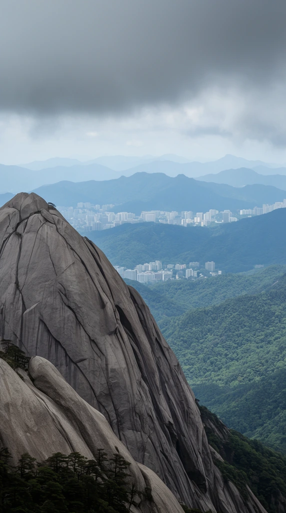 massive smooth granite mountain peak dominating the left foreground, deep vertical fissures across weathered gray rock, sparse dark green trees clinging to the lower slopes, distant city skyline of dense white buildings nestled among lush rolling forested hills, layered hazy blue mountain ranges fading into the horizon, overcast sky heavy with dark gray clouds, soft diffused natural lighting, deep atmospheric perspective, high altitude vantage point, wide-angle landscape photography