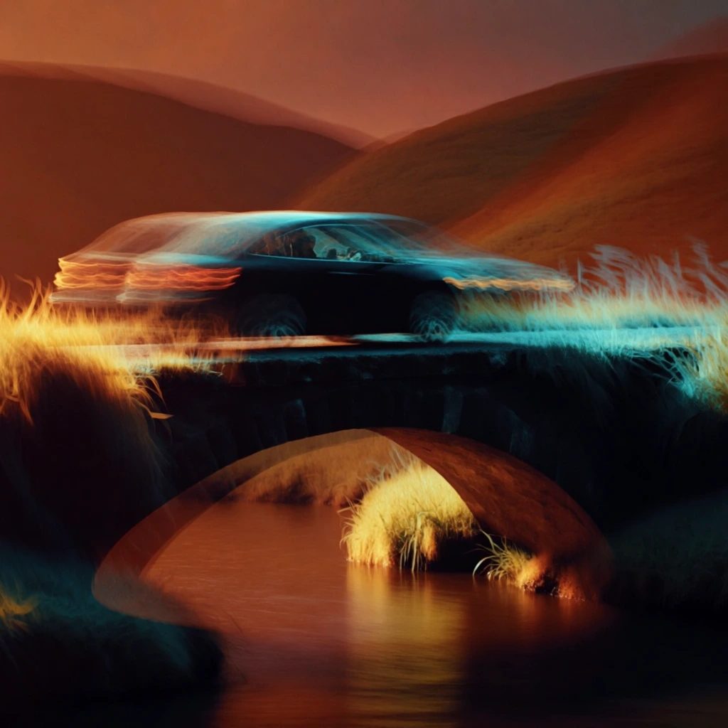 cinematic long exposure of a car crossing an arched bridge over a river, lush grassy banks and rolling hills, dramatic motion blur trails, ethereal cyan and amber dual-tone lighting, high contrast with deep blacks, ghosting effect, vibrant glowing highlights, abstract movement, dreamlike atmospheric haze, multiple exposure aesthetic, sharp silhouettes blending into blurred motion, soft focus background, rich textures, moody and dynamic composition.