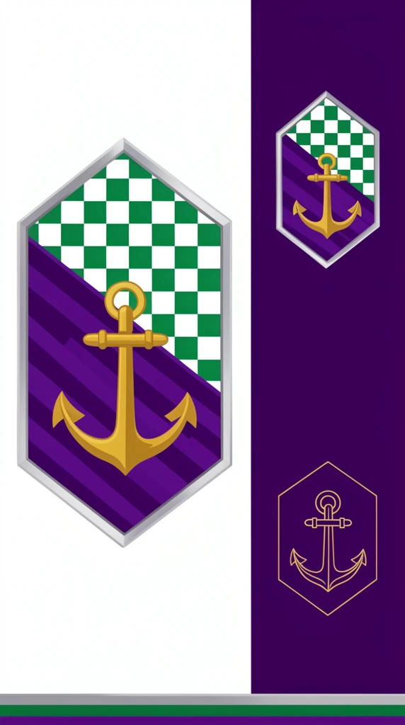 A split-screen heraldic presentation featuring a hexagonal emblem. The left white panel highlights a large silver-bordered hexagon divided diagonally into a green and white checkerboard top and a purple striped bottom with a central golden anchor. The right deep purple panel displays a medium identical emblem at the top and a simplified golden line-art version below. A thin tricolor band of silver, green, and purple anchors the bottom edge. The flat vector-style composition emphasizes crisp geometric symmetry and stark color blocking.
