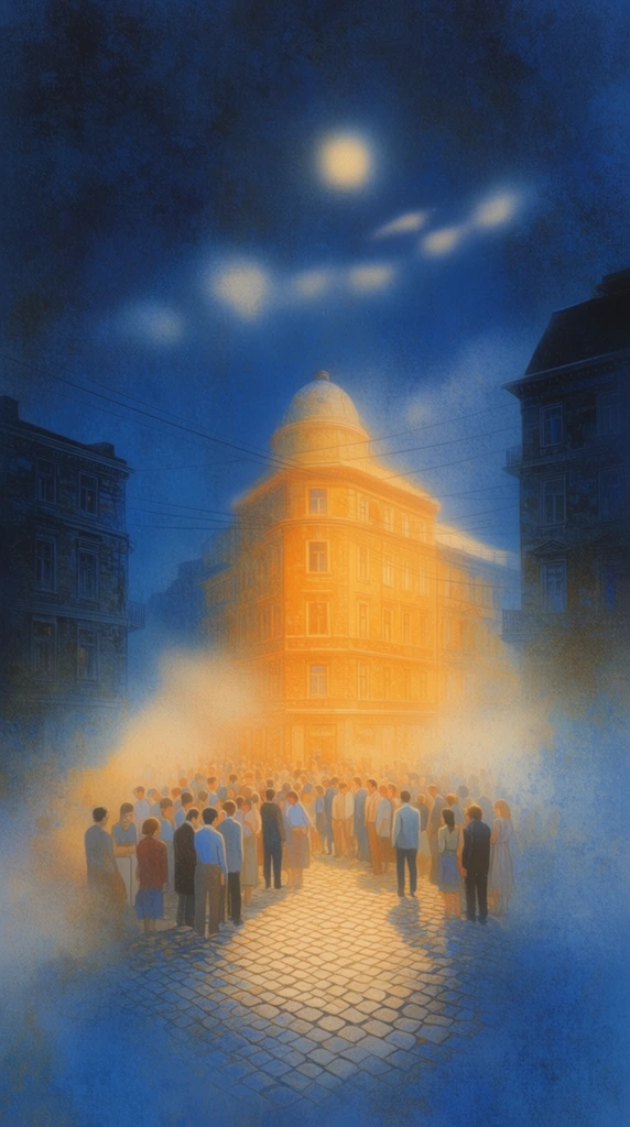 A large crowd of men and women gathered at a cobblestone city street intersection, dramatically illuminated by an intense, warm golden-amber glow radiating from a central multi-story building topped with a roof dome. The scene is rendered in an ethereal, dreamlike illustrative style with a heavy, mottled canvas grain and soft, airbrushed textures. Deep cerulean and prussian blue shadows dominate the periphery, contrasting sharply with the radiant, localized bloom of the glowing central architecture. Dark multi-story buildings frame the intersection, their upper levels fading into a moody, dark blue atmospheric haze. Overhead power lines crisscross the textured night sky beneath a softly glowing, single moon surrounded by soft, smudged ethereal white streaks hovering in the deep blue expanse. A dense, luminous mist wraps around the brightly lit cobblestones and the base of the glowing dome, while the edges of the image dissolve into deep, heavily textured blue vignetting, creating a highly atmospheric environment defined by extreme color contrast and soft-focus luminescence.