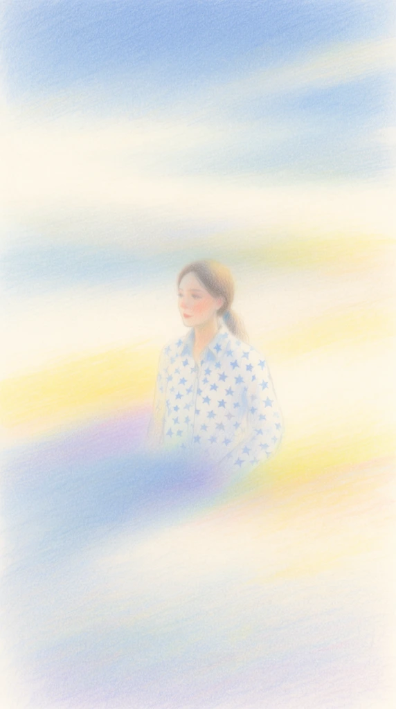 A soft colored pencil illustration of a woman wearing a star-patterned shirt, positioned within a vast, minimalist expanse. The woman is rendered with delicate, granular pencil strokes that blend into an ethereal, dreamlike environment. The surrounding vast negative space consists of sweeping, diagonal, and horizontal colored pencil marks in luminous pastel hues of pale cerulean blue, creamy off-white, buttery yellow, and subtle lavender. Fine cross-hatching and a distinct tactile paper texture are visible across the entire surface of the drawing. Soft, diffused lighting washes over the scene, casting gentle color gradients and creating a luminous, washed-out aesthetic characteristic of a delicate pastel artwork.