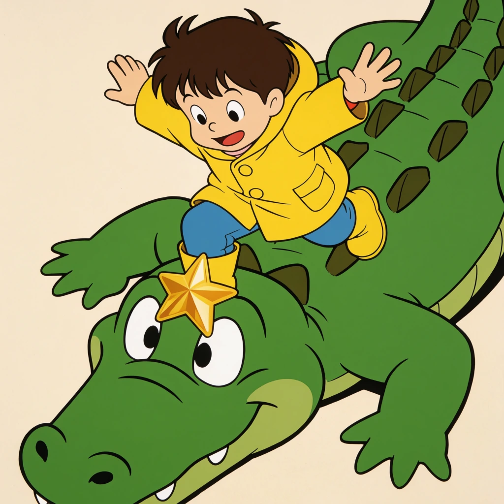 boy in yellow raincoat stepping on a giant green cartoon crocodile, golden star on reptile forehead, dynamic falling pose, retro 90s animation cel, flat colors