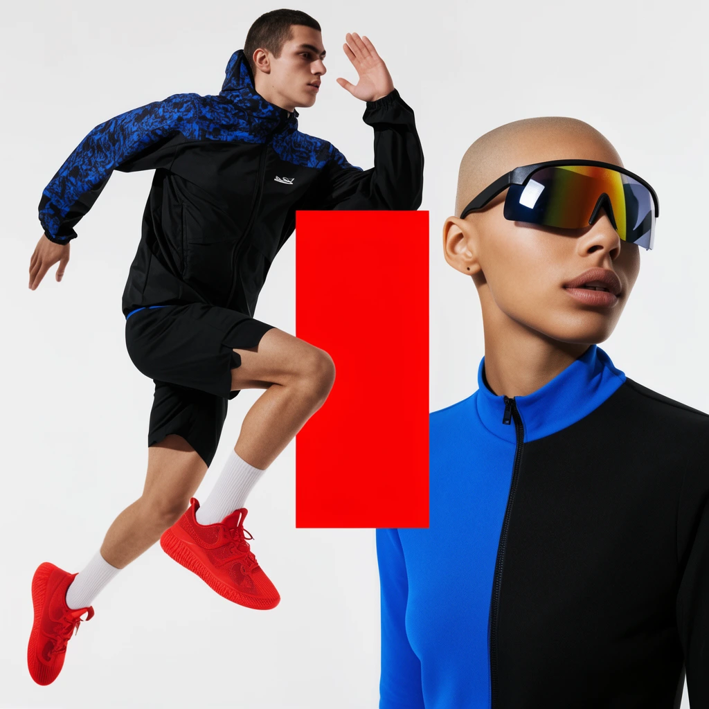 dynamic sportswear editorial, male model suspended mid-air in a running leap wearing black jacket with blue patterned shoulders and red sneakers, female model with shaved head and wrap sunglasses in blue and black top, bright red vertical rectangular graphic floating between them, stark white studio background, vivid primary colors, crisp lighting