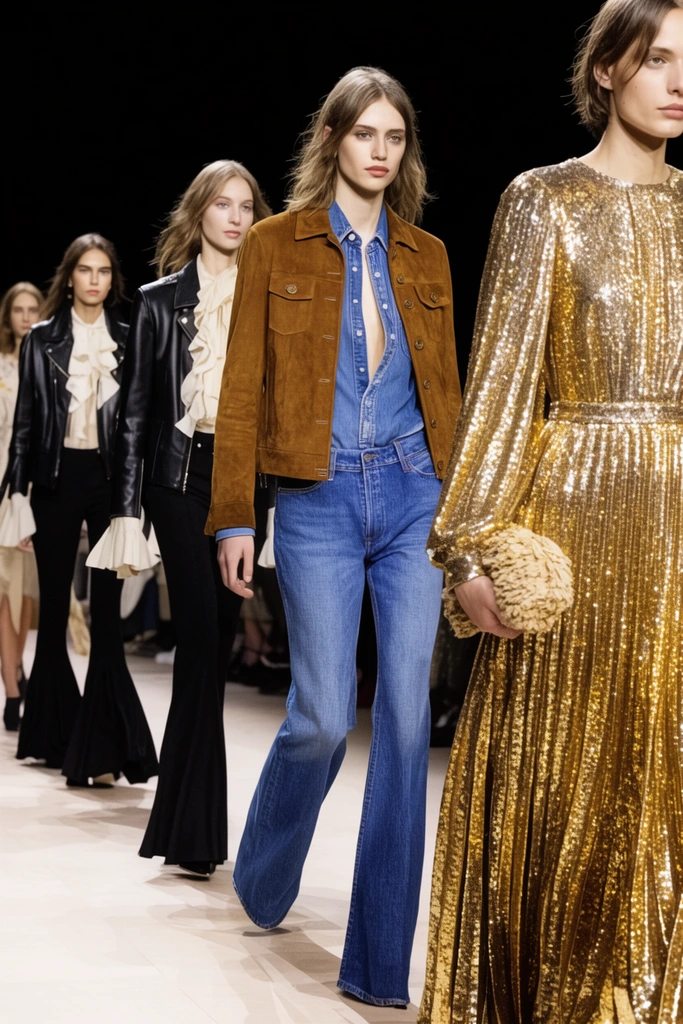 Fashion models stride down a brightly lit runway against a stark black background. In the foreground, a model wearing a brown suede jacket, an unbuttoned denim shirt, and blue jeans walks beside someone in a shimmering gold sequined pleated maxi dress holding a textured clutch. Trailing models sport black leather jackets, ruffled blouses, and flared pants. The vibrant runway photography uses a shallow depth of field and dramatic spotlights, focusing sharply on the leading figures to emphasize the rich, contrasting textures of rugged suede, casual denim, and glittering metallics.