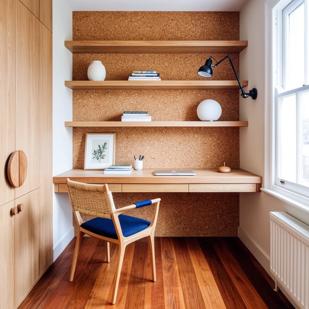 A bright, modern home office space featuring a built-in wooden desk and floating shelves set against a textured cork accent wall. The desk is a thick slab of light wood with hidden drawers, spanning the width of the alcove. Three matching wooden shelves are evenly spaced above it. The shelves hold a minimalist assortment of objects: a white textured vase, a stack of books, a black articulated desk lamp clamped to the wall, and a spherical white lamp. On the desk sits a framed botanical print, more books, a closed silver laptop, a small white cup holding pens, and a small wooden top. A light wood chair with a woven backrest, a navy blue upholstered seat, and a small blue fabric detail on the armrest sits in front of the desk. To the left is a tall built-in wooden cabinet with large circular wooden pulls. To the right, a white-framed window lets in bright natural light, illuminating the space and casting soft shadows. Below the window is a white radiator. The floor is made of rich, warm-toned wood planks running lengthwise towards the desk. The overall composition is a straight-on, eye-level shot emphasizing clean lines, natural materials, and a balanced, uncluttered aesthetic.