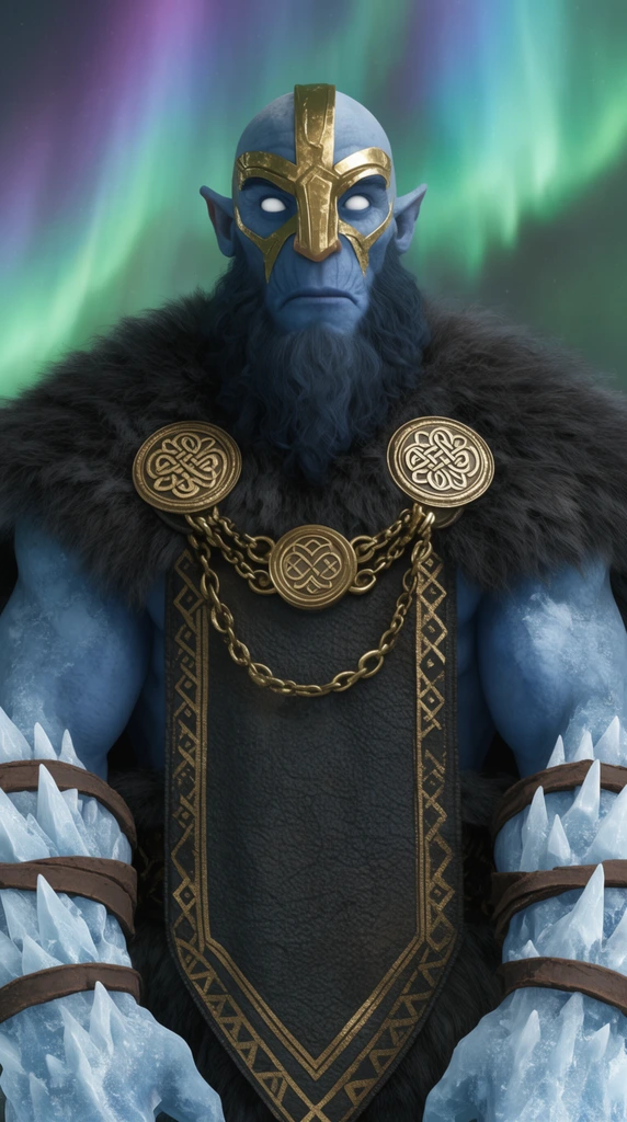 A colossal blue-skinned giant with icy spiked forearms bound in leather straps stands before a vibrant green and purple aurora borealis. The imposing figure features a gold metallic facial bridge, solid white eyes, and a heavy dark fur mantle secured with ornate gold chains and knotwork medallions. A dark textured tabard with geometric gold borders hangs down the chest. The striking portrait is rendered in a highly detailed, photorealistic 3D cinematic fantasy style.