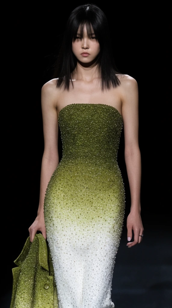 Runway model walking, strapless form-fitting gown with shimmering olive green to white ombre beadwork, holding matching jacket, dark straight hair, pitch black background, high contrast runway spotlight