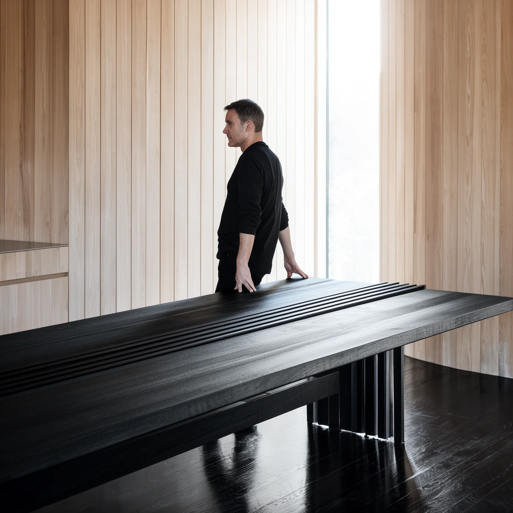 man in black shirt standing behind a massive grooved black wooden table, minimalist interior, light vertical wood paneled walls, reflective dark wood floor, bright natural backlight, architectural photography