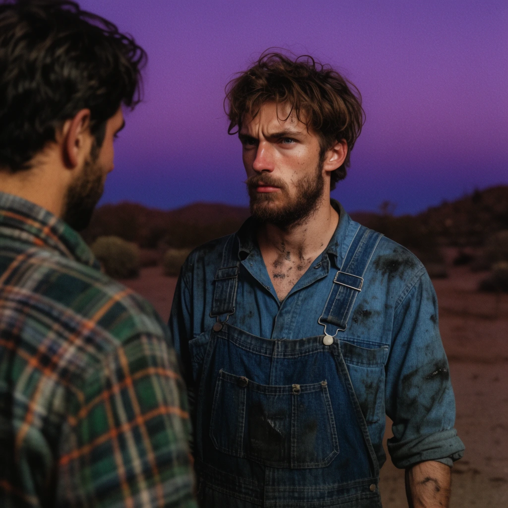 young bearded mechanic, intense expression, grease-stained denim overalls, over-the-shoulder view past a man in flannel, twilight desert setting, deep purple sky, cinematic 35mm photography, shallow depth of field