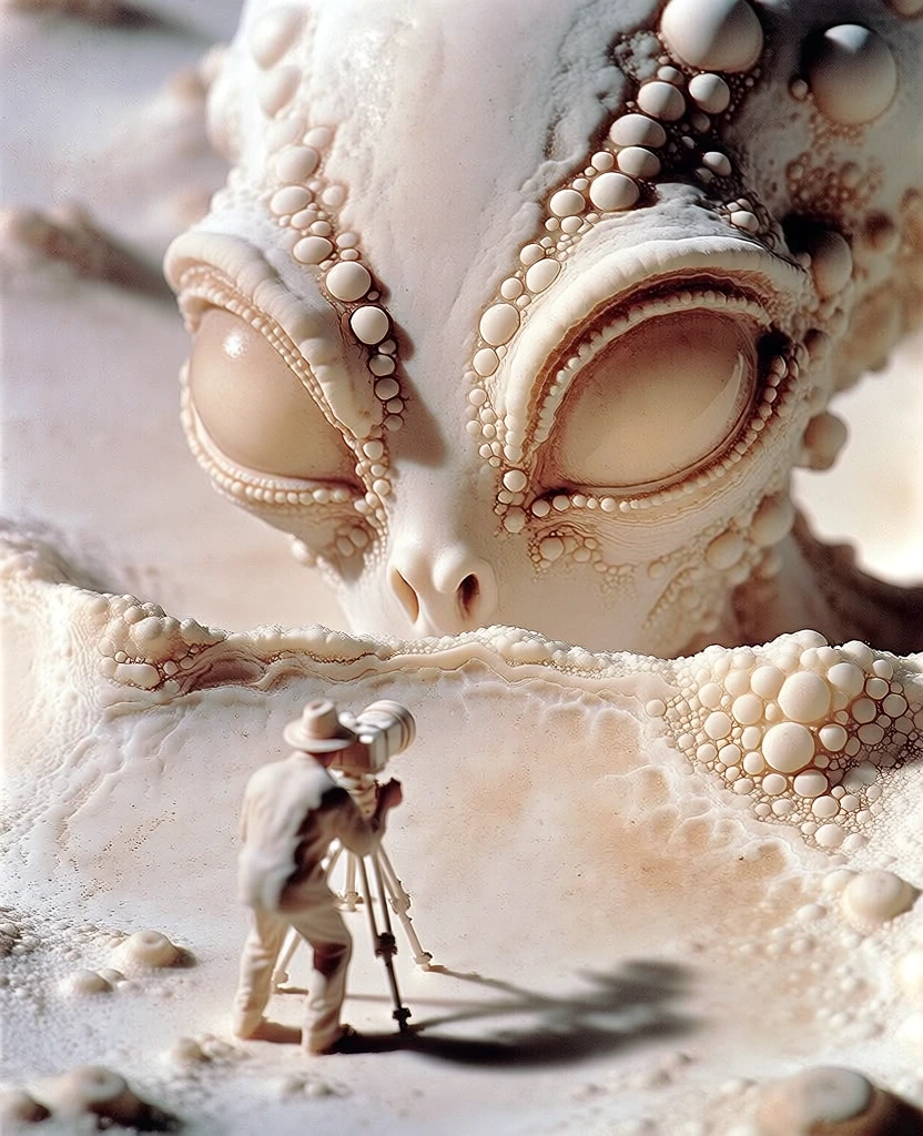 macro-style organic calcified texture, matte bone-white and sand palette, diminutive man in a hat operating a tripod-mounted camera in the lower foreground facing away, crisp horizontal dividing ridge, looming giant alien head with massive oval eyes peering down from above, sculptural porous surfaces, soft diffused lighting, minimalist biological aesthetic, intricate spherical bubbled details, monochromatic cream tones, surreal cinematic composition, ethereal fossilized finish