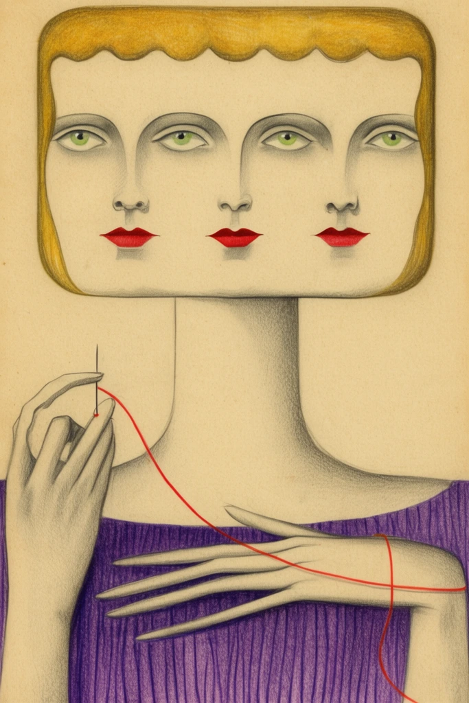 A surreal graphite and colored pencil drawing on aged tan paper depicts a wide, rectangular head formed by three interconnected female faces sharing four pale green eyes. The delicate faces feature stark red lips and a continuous, scalloped crest of golden hair. A hand on the left holds a needle, threading a vibrant red line across a ribbed purple garment and over an elongated, spindly hand resting horizontally across the chest. The piece utilizes delicate shading with strong Art Deco influences.