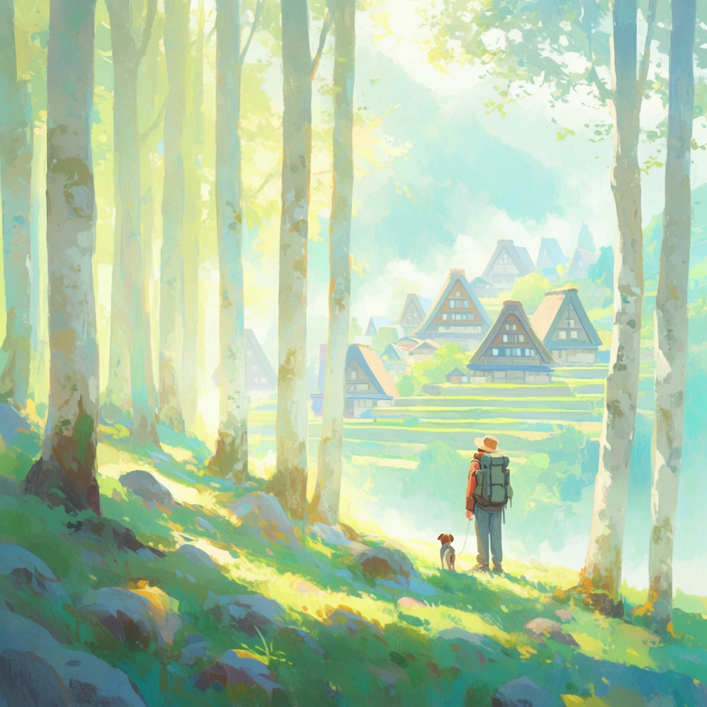 A painterly landscape illustration of a traveler with a large backpack and a small dog standing at the edge of a sunlit forest, gazing toward a terraced hillside village. Tall, slender trees with pale bark cast dappled light across the grassy, rocky foreground. The background features steep-roofed houses nestled in mountain mist. The scene is rendered with impressionistic brushstrokes and a vibrant pastel palette of soft greens, cyans, and pale yellows under ethereal, hazy lighting.
