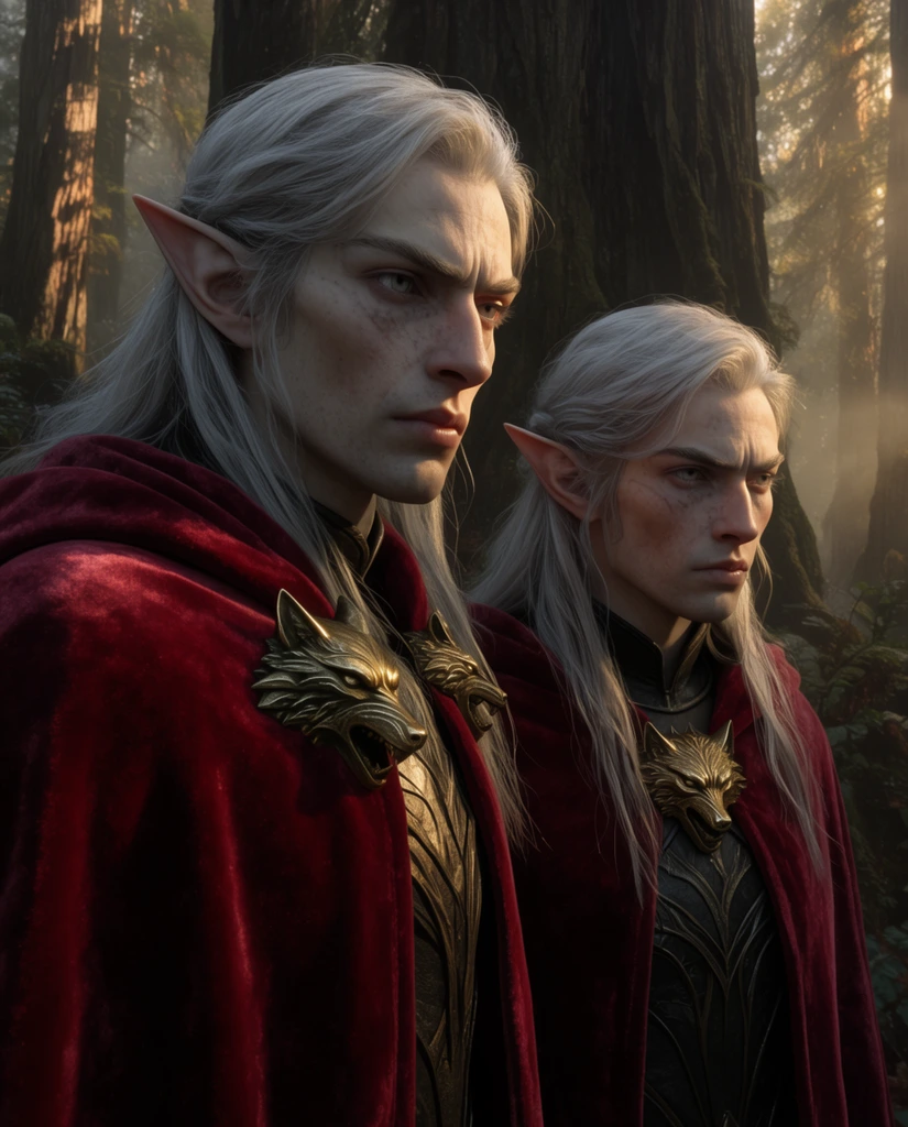 Two tall forest elves with flowing silver hair and sharp angular facial features stand close together in a medium close-up. They wear thick crimson velvet cloaks fastened at the neck with heavy brass wolf-head clasps over ornate black leather armor. Both figures have weary, vigilant expressions, gazing intensely toward the lower right. The scene is set in a mist-shrouded ancient redwood forest, with dappled golden-hour sunlight filtering through massive dark trunks to illuminate their faces. The composition captures the intricate textures of the velvet and brass against deep, atmospheric shadows in a highly detailed, cinematic fantasy style.