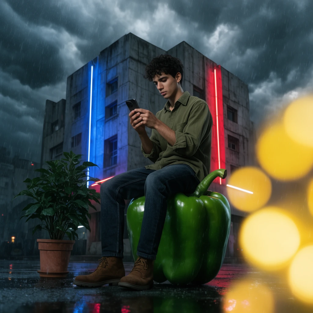 A young man sits atop a giant green bell pepper while using a smartphone in a rainy city. Wearing an olive shirt and brown boots, he rests beside a potted plant. A brutalist concrete building illuminated by blue and red neon lights stands behind him under a dark, dramatic cloudy sky. Large yellow bokeh spheres blur the right foreground of this surreal, cinematic composition.