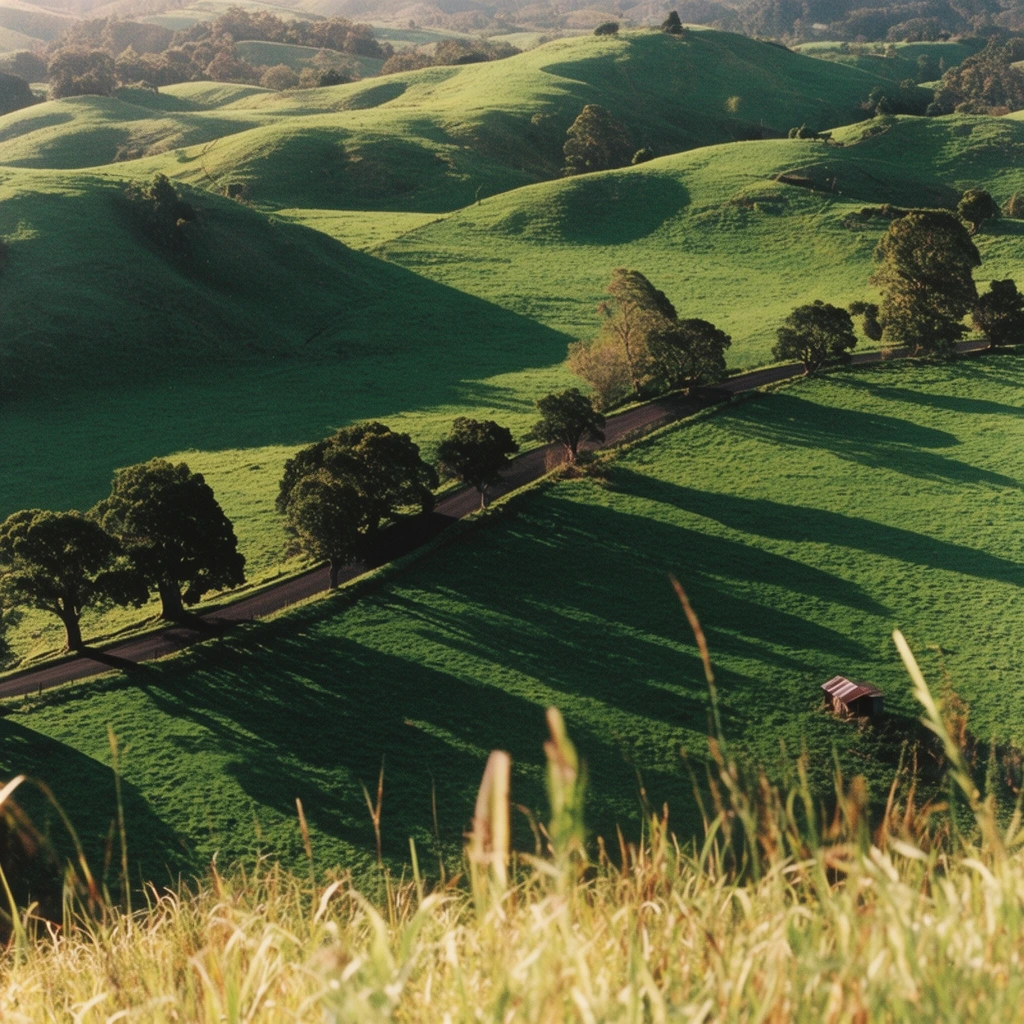high-angle aerial view of lush rolling green hills, dark winding road slicing diagonally across undulating landscape, mature trees bordering the road, long dramatic shadows cast across vibrant grass by low afternoon sunlight, small distant rustic shed, blurred tall wild grass in immediate foreground establishing depth of field, warm golden hour lighting, rich contrast, vintage analog film aesthetic