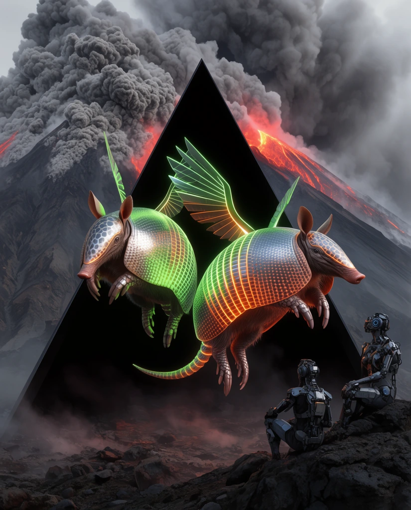 two metallic winged armadillos in mid-air, neon green and orange glowing geometric patterns, emerging from an obsidian triangular portal, volcanic ash mountain background, two cyborg scavengers watching from a rocky ledge, cinematic lighting, digital sci-fi art