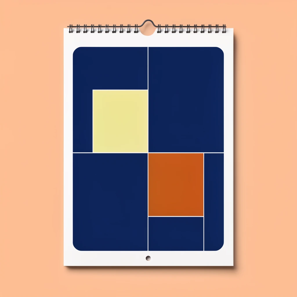 A spiral-bound wall calendar with a soft drop shadow rests against a solid peach background. The white border frames a navy blue panel containing minimalist light yellow and burnt orange geometric blocks divided by thin white lines. A small punch hole centers the bottom edge.