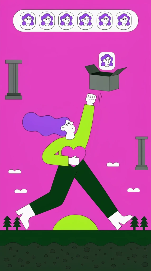 A stylized figure leaps across a vibrant magenta 2D flat vector landscape, clutching a pink heart while punching upward at a floating open box that releases a small portrait icon. The character features stark black outlines, wavy purple hair, a neon green shirt, dark green trousers, and white boots. The side-scrolling environment contains floating gray pillars, small white clouds, a neon green mound, and miniature pine trees atop a dark green surface with a textured subterranean layer. A white capsule displaying repeating portrait icons hovers above.