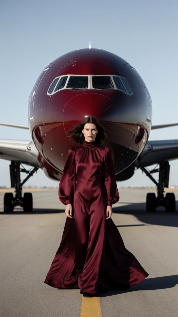 A fashion-forward portrait shows a woman in a flowing deep burgundy gown walking directly toward the camera on an airport runway, with the rounded nose of a matching burgundy airplane looming behind her like a dramatic backdrop. Photographic fashion editorial, cinematic portraiture, luxury commercial image, shallow depth of field, centered composition, symmetrical framing, high-end retouching, ultra-clean digital capture, modern glamour, minimalist yet striking, poised, confident, futuristic, slightly surreal scale relationship, medium visual complexity, visually adjacent to Annie Leibovitz, Peter Lindbergh by way of polished commercial gloss, Mario Testino, aviation couture aesthetic, monochromatic red-wine palette with cool sky contrast, burgundy, crimson, oxblood, charcoal, pale blue, warm skin tones, bright daylight, controlled exposure, crisp highlights, moderate-high contrast, smooth tonal rolloff, likely telephoto lens compression, wide aperture blur, no obvious grain, no visible motion blur, no noticeable artifacts. The woman is placed dead center in the lower and middle portion of the frame, full length visible from head to hem, walking straight ahead with a calm, unsmiling expression and direct gaze. She appears young, with light skin, shoulder-length dark brown hair parted in the middle and softly wind-shaped outward at the ends. Her gown is a glossy satin or silk-like fabric in rich burgundy, with a high mock neck, long voluminous sleeves gathered at the cuffs, and a floor-length drape that pools and ripples around her legs as she steps forward. Her hands hang naturally at her sides, the right hand more visible, fingers relaxed. Behind her, occupying most of the upper half of the image, is the front of a large passenger jet painted in nearly the same burgundy tone. The cockpit windows sit just above her head, spanning horizontally like a dark visor outlined in pale trim. A thin vertical antenna rises from the top center of the fuselage. The wings stretch outward to both sides, blurred by depth of field, with dark landing gear structures visible beneath them. The tarmac fills the foreground and lower background in muted gray, with a single yellow centerline emerging from the bottom edge and aligning beneath the hem of her dress. The sky is clear and pale blue, empty of clouds, making the red tones of both dress and aircraft stand out sharply.