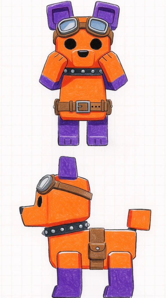Character turnaround sheet on faint graph paper showing front and side views of a blocky, upright orange and purple robotic dog. The dog features square ears, solid black eyes, aviator goggles, a studded collar, and a utility belt. Rendered with clean outlines and flat crayon textures, the front view poses with paws near its cheeks, while the side view emphasizes its rigid posture and boxy tail.