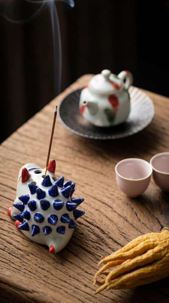 A detailed close-up of a rustic wooden table featuring a whimsical, ceramic incense burner shaped like a stylized, spiky creature, holding a lit incense stick with a thin plume of smoke rising from it. The creature is primarily white with prominent, glossy blue spikes covering its back, and features small red accents resembling ears or horns. It sits in the lower left foreground. To the right, two small, unfocused, light pink ceramic teacups nestle together. Further back, a small, white ceramic teapot with red and green splotches sits on a dark, ribbed saucer. In the lower right foreground, a dried, yellow Buddha's hand citron rests on the heavily textured wood grain. The background is dark and out of focus, emphasizing the items on the table. The lighting is soft and natural, casting subtle shadows and highlighting the textures of the wood and the glossy finish of the ceramics.