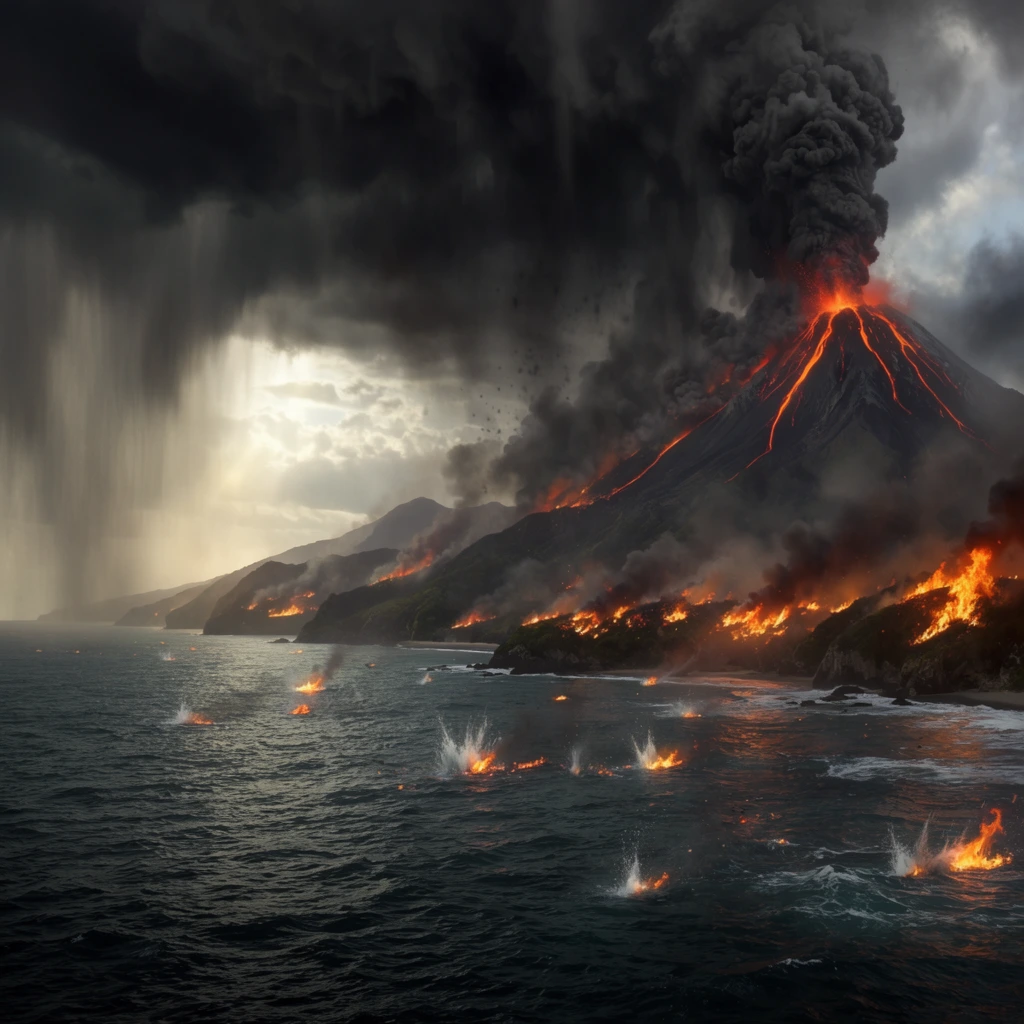 A catastrophic volcanic eruption ravages a mountainous coastal landscape beneath a sky choked with dense black ash. On the right, a towering volcano spews a colossal smoke plume while glowing orange lava rivers carve down its slopes. The adjacent coastline is engulfed in widespread, fiercely burning fires. Dark, turbulent ocean waters fill the foreground, where falling fiery debris strikes the surface, creating sharp white splashes. To the far left, a heavy, localized rainstorm is illuminated by pale daylight piercing the atmospheric gloom. The cinematic panoramic digital matte painting dramatically contrasts vivid fiery oranges against muted charcoal grays and oceanic blues.