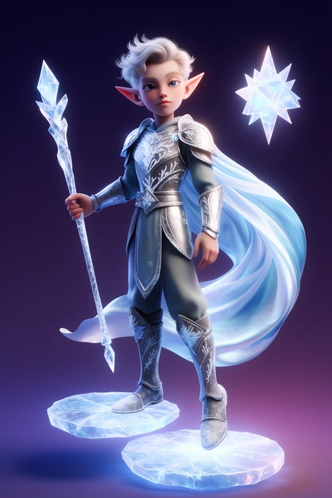 A stylized 3D rendering of an elven youth hovering against a deep twilight purple gradient. The elf wears silver armor with frost motifs and a swirling icy-blue silken cape. They hold a crystal staff and stand atop two glowing ice discs. A luminous geometric frost crystal floats nearby. The composition features dramatic studio lighting and a soft volumetric bloom.