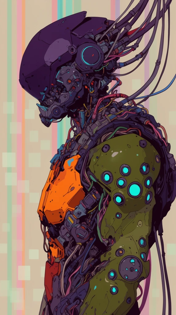 Sci-fi cyborg profile, intricate mechanical armor, dark purple helmet, trailing head cables, bulky olive green arm with cyan glowing nodes, bright orange chest panels, exposed wiring, cel-shaded 2D digital illustration, beige background, pastel vertical stripes, pale pixel squares, cyberpunk style
