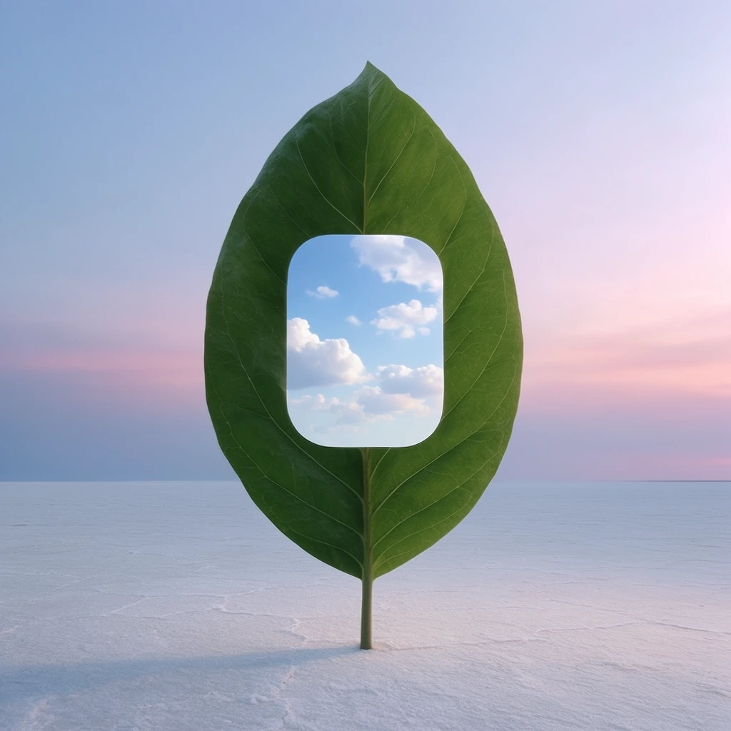 A colossal, vibrant green leaf stands vertically by its stem on a vast, stark white salt flat with subtle surface cracks. A smooth, rounded rectangular cutout in the leaf's center acts as a window, revealing a bright blue daytime sky dotted with fluffy white clouds. This inner vista contrasts with the surrounding background, which features a tranquil twilight sky blending from pale blue into soft pink and lavender at the perfectly flat horizon. Soft, ethereal lighting casts a gentle shadow across the barren ground, enhancing the minimalist, surrealist composition.