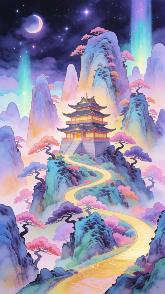 A multi-tiered traditional East Asian temple sits atop a high peak amidst a surreal, vibrantly colored mountain landscape under a starry night sky. The central temple features three levels of curved, dark-tiled roofs with golden glowing windows and sits on a solid gray stone foundation. A winding, luminous yellow path snakes from the bottom right corner, curving through the jagged terrain before reaching the temple's entrance. Surrounding the architecture are tall, rounded mountain pillars rendered in shades of lavender, periwinkle, and pale orange, with many peaks fading into a soft haze. Scattering across the mountain slopes are trees with gnarled dark trunks and dense foliage in shades of bright pink, violet, and teal. In the upper left corner, a pale, crescent-like moon rests in a dark indigo sky filled with shimmering stars. Two vertical beams of ethereal teal and cyan light descend from the sky, one on the left and one on the right, landing behind the mountain ridges. The artistic style is a fantasy illustration with a soft, painterly texture reminiscent of watercolor or digital gouache, employing a vertical composition that emphasizes the height of the peaks. The color palette is dreamlike and iridescent, dominated by pastel purples and blues contrasted with the warm golden glow of the path and temple. Perspective is from a mid-distance, slightly elevated angle, capturing the depth of the mountain range.