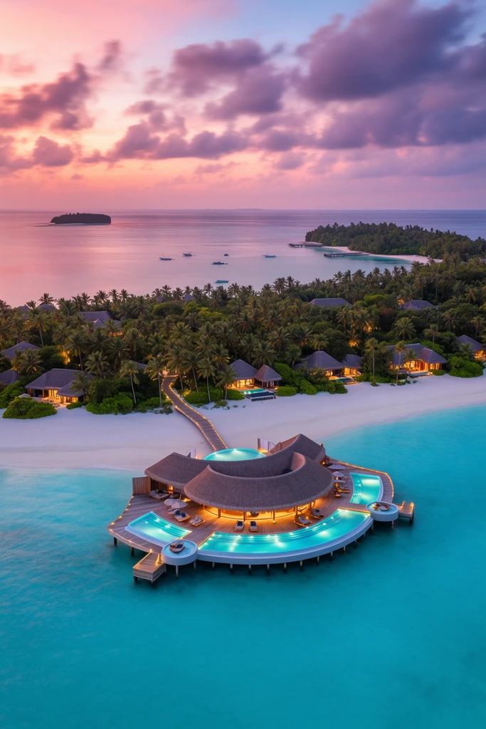 A sprawling tropical island resort at twilight features a prominent overwater pavilion extending into a bright turquoise lagoon from an aerial perspective. The circular structure boasts a sweeping thatched roof, expansive wooden decks, and tiered infinity pools radiating a luminous cyan glow. A wooden boardwalk links the pavilion to a pristine white sand beach bordering a dense jungle of palm trees, where scattered thatched-roof villas emit warm golden light. The calm ocean stretches toward the horizon, revealing tiny anchored boats and a distant forested islet. A dramatic sky filled with soft peach, vibrant pink, and deep purple sunset clouds reflects gently across the water, contrasting the warm architectural lighting with the cool twilight environment.
