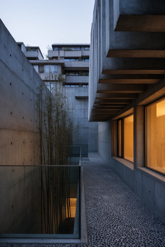 A brutalist architectural corridor features exposed concrete walls with circular formwork holes alongside a descending pebble-stone pathway. A glass railing leads toward tall bamboo stalks in a lower pit. A stepped concrete overhang on the right shelters large windows radiating warm golden interior light. Background tiered multi-story buildings stand against a pale twilight sky, emphasizing stark geometric forms and the sharp contrast between cool natural shadows and warm illumination.