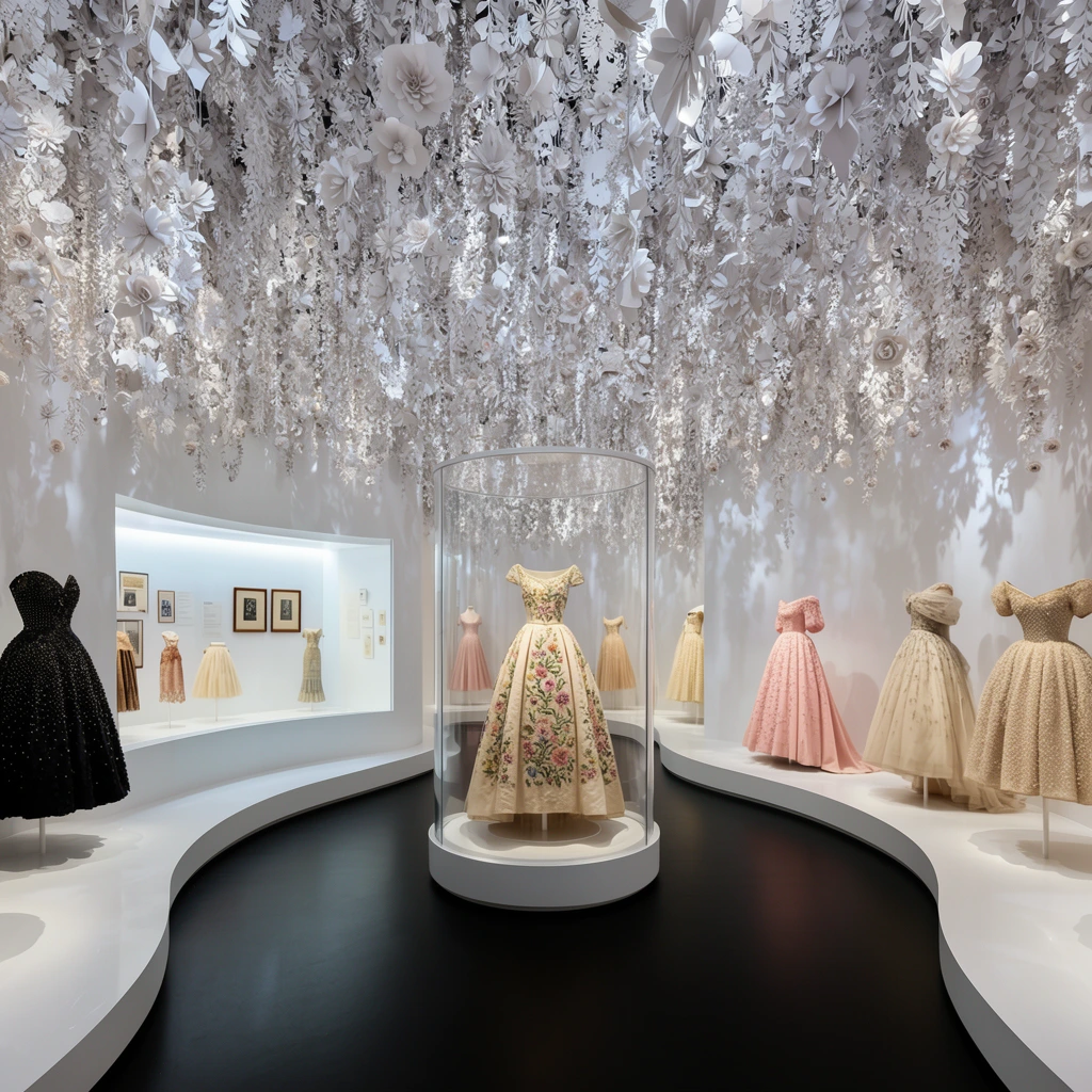 A luxurious, curved fashion exhibition space displays vintage haute couture dresses beneath a massive canopy of cascading white paper flowers. A central embroidered floral gown stands inside a cylindrical glass case on a curving black walkway. Along bright white perimeter platforms, elegant dresses with voluminous skirts and intricate beadwork are arranged on invisible mannequins in soft pastels and deep textured blacks. A recessed illuminated vitrine on the left houses miniature garments and framed historical items. The ceiling is entirely engulfed in thousands of sculpted botanical elements, casting ethereal dappled shadows onto the pristine walls under soft, precise curatorial lighting.