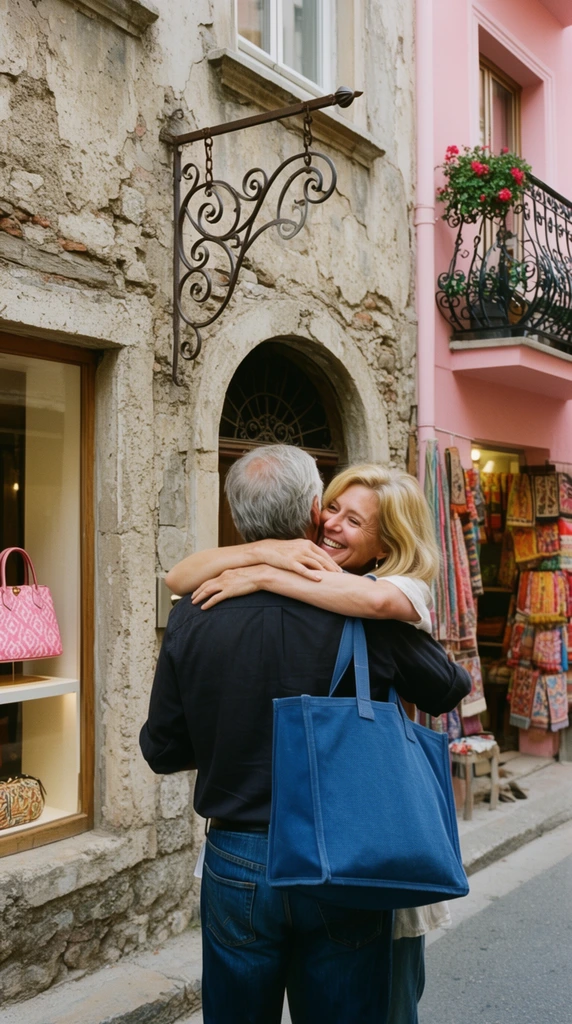 A joyful couple embraces on a narrow street outside a weathered stone boutique. The blonde woman smiles warmly, wrapping her arms around the gray-haired man viewed from behind in a dark shirt, jeans, and carrying a structured blue canvas tote. The rustic building facade behind them features an arched doorway, an ornate wrought-iron hanging sign bracket, and a window displaying a pink patterned handbag. To the right, an adjacent pastel pink building boasts a floral wrought-iron balcony above a shop selling colorful textiles. The candid street photography scene is captured under soft natural daylight.