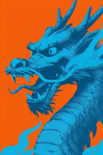 Retro Surrealist Pop style reference image — electric blue and orange