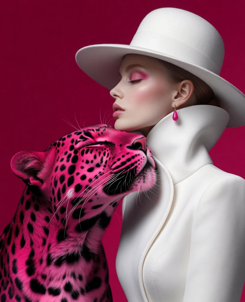 A highly stylized fashion portrait shows a pale woman in strict side profile facing left, eyes closed, dressed in sculptural white clothing and a wide-brimmed white hat, while a vivid magenta leopard rises from the lower left and presses its muzzle gently beneath her chin, creating an intimate, surreal contrast against a seamless deep magenta background. digital illustration, hyperreal 3D render, luxury fashion editorial, surreal portraiture, minimalist composition, high-fashion fantasy, soft sculpture-like surfaces, polished CGI, refined, elegant, dreamlike, controlled, sensual, statuesque, medium visual complexity, visually adjacent to Tim Walker, Nick Knight, David LaChapelle, and modern beauty campaign CGI, monochrome-leaning palette with white, pale skin pinks, fuchsia, magenta, black accents, smooth studio lighting, soft exposure, medium-high contrast, clean edges, no visible grain, no lens distortion, no motion blur, no noise, no watermark, seamless backdrop. The woman occupies the right half of the image from chest to top edge, her body turned left in exact profile. Her large white hat begins near the upper center and expands outward, its brim sweeping diagonally leftward to dominate the top-left quadrant, while the rounded crown sits high on the right side of her head. Her hair is short, white-blond, and neatly tucked behind the visible ear, with delicate strand texture. A small pink drop earring hangs from her ear at right-center. Her makeup is dramatic: bright pink eyeshadow over the closed eyelid, pale lashes and brows, smooth porcelain skin, and soft pink lips slightly parted. She wears a structured white high-collared garment that rises to her jawline, with a vertical seam and a small rounded fastening just below the chin; the garment fills most of the lower right quadrant. The leopard fills the lower left half, entering from the bottom edge and angled upward right. Its fur is saturated neon pink with dense black rosettes, black ear interior, black nose, and long pale whiskers. The animal’s eyes are closed, and its muzzle reaches into the center to touch the underside of the woman’s chin, aligning nose-to-neck. The background is completely empty and flat, a rich plum-magenta field that makes the white clothing and electric animal coloration feel graphic, luxurious, and almost iconic.