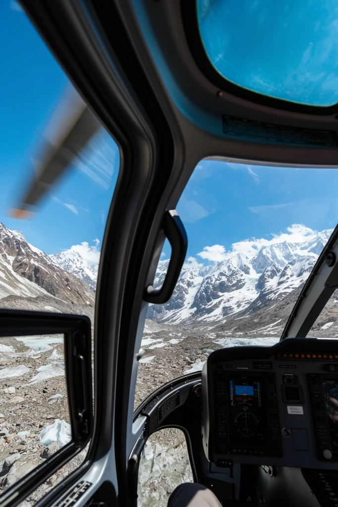 A first-person perspective from inside a helicopter cockpit looking out over a rugged, snow-capped mountain range under a vibrant blue sky. Dark gray instrument dashboards and thick metallic window frames dominate the foreground. A curved side window on the left reveals a blurred, spinning rotor blade in motion. A black grab handle is affixed to the central interior pillar. Through the clear glass windshield, a rocky valley floor dotted with icy glacial patches stretches toward towering, jagged mountain peaks heavily layered with bright white snow. Brilliant natural daylight creates stark contrast between the shadowed interior cabin and the brightly illuminated alpine environment, captured with a wide depth of field.