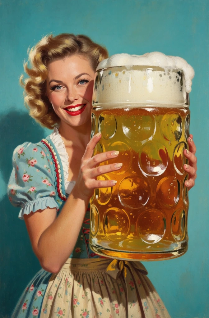 A smiling woman with blonde, curly hair styled in a vintage mid-century fashion holds a massive, oversized glass beer mug against a solid teal background. The woman features bright red lipstick, blue eyes, and a cheerful expression, peering out from behind the side of the large vessel. She wears a dirndl-inspired dress with a light blue floral pattern on the puffed short sleeves and a cream-colored floral pattern on the bodice and skirt. Both of her hands, with light-colored fingernails, wrap around the textured surface of the glass. The mug is a traditional German Maßkrug style, featuring large circular indentations across its surface and a thick, frothy white head of foam overflowing the rim. The liquid inside is a clear, golden-amber color with visible condensation and highlights reflecting off the glass. The scene is illuminated by soft studio lighting from the upper left, creating gentle shadows on the right side of her face and the background. The overall artistic style is reminiscent of mid-20th-century pin-up illustrations, characterized by saturated colors, smooth textures, and a vertical composition that emphasizes the exaggerated scale of the beer mug relative to the subject.