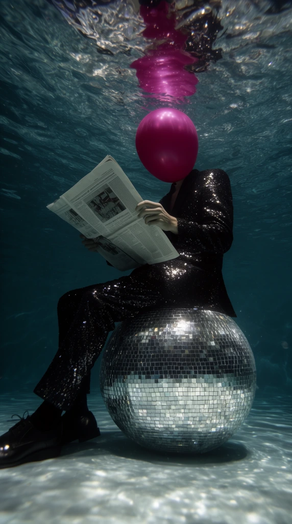 surreal underwater photography, person sitting casually on a giant mirrored disco ball, wearing a sparkling black sequined suit and dress shoes, head entirely obscured by a glossy opaque magenta balloon, holding an open newspaper, deep teal water, low angle perspective looking up toward the rippling surface, dramatic subsurface lighting reflecting off the disco ball mosaic and suit, water surface above mirroring the magenta balloon, conceptual high-fashion staging