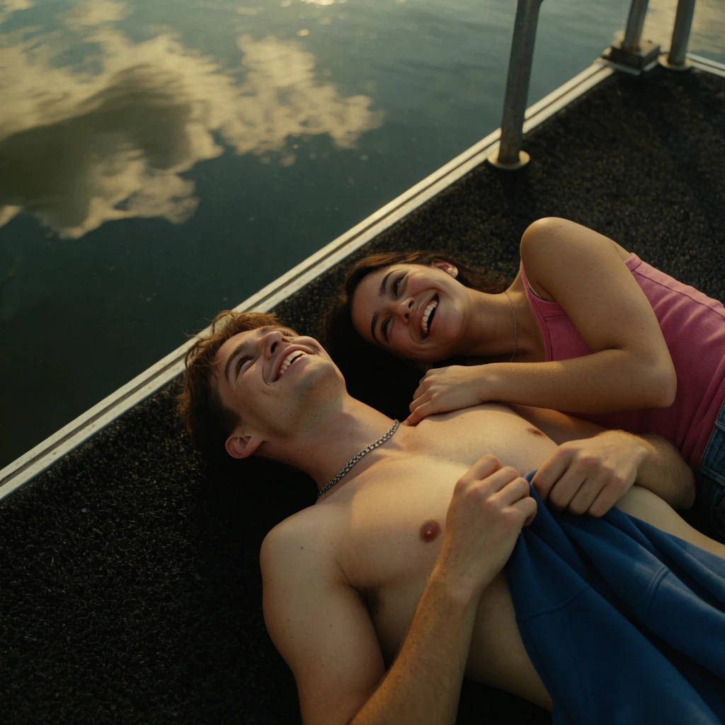 high-angle shot of a young man and woman lying side-by-side on a dark textured dock, looking upward with joyful smiles, shirtless man with a silver chain holding a blue garment, woman with dark hair in a pink tank top resting her arm across his shoulder, calm water reflecting a cloudy sky, diagonal metal railing, warm cinematic lighting, golden hour glow, deep moody shadows, vintage film aesthetic