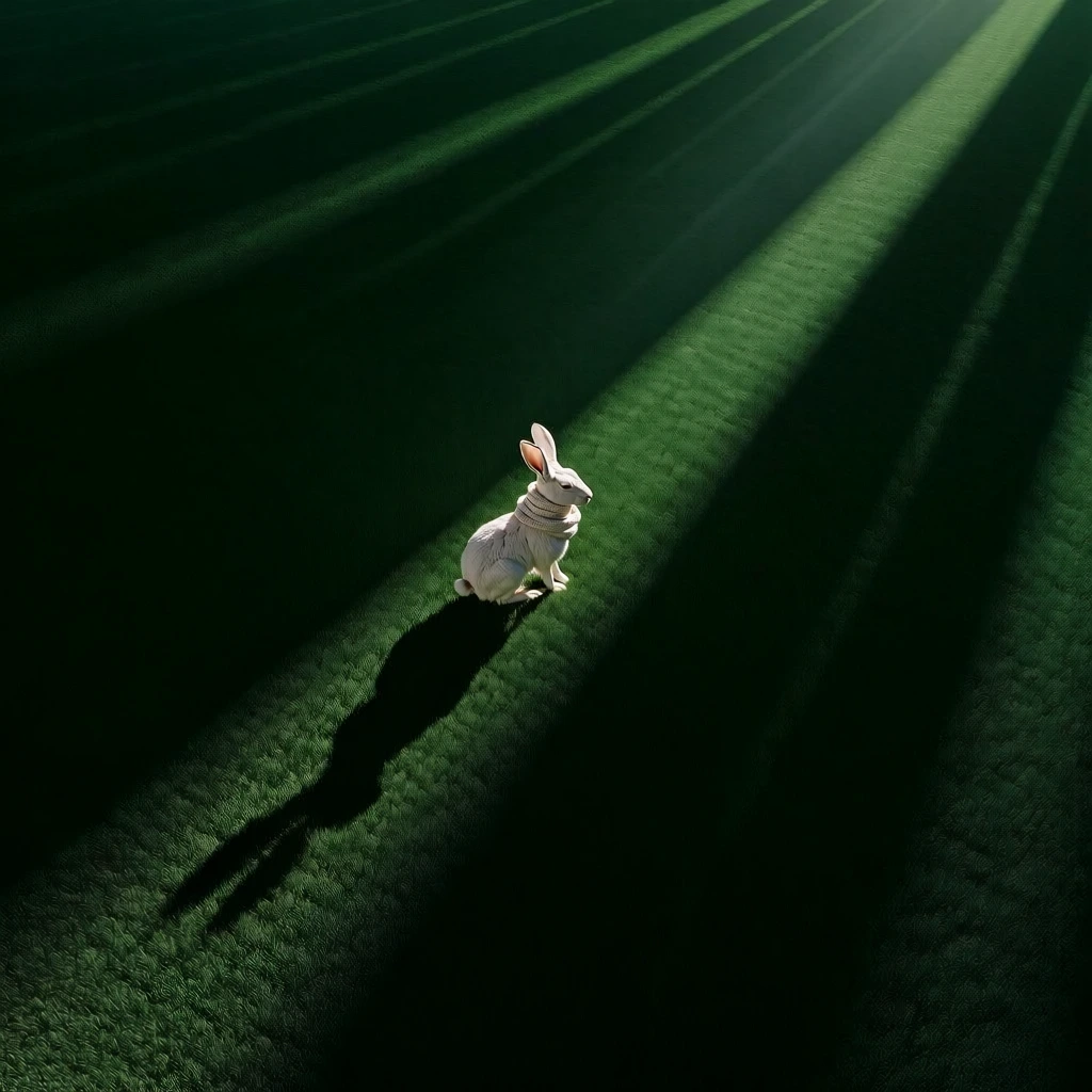 minimalist high-angle aerial perspective, a single white rabbit wearing a textured knitted scarf, standing within a sharp diagonal beam of brilliant light, deep forest green field with fine grass texture, dramatic long parallel shadows stretching across the dark ground, high contrast chiaroscuro aesthetic, clean and serene composition, cinematic lighting, vivid white fur against rich emerald green, sharp focus, elegant and sophisticated brand-level photography.